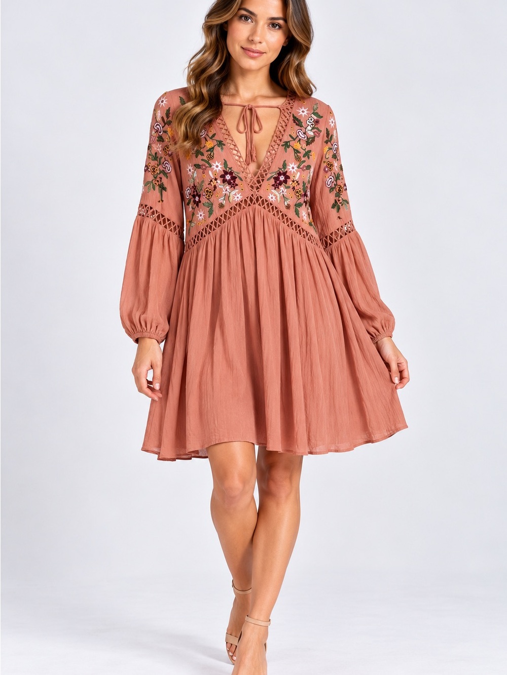 En Creme Embroidered Rust-Tone V-Neck Long Sleeve Dress